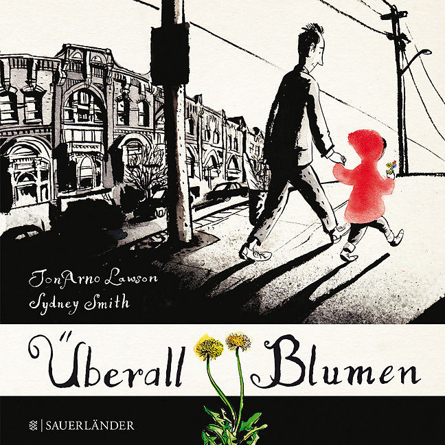 Buchcover Überall Blumen: Ein Mann und ein Mädchen mit Blumen gehen durch die Stadt