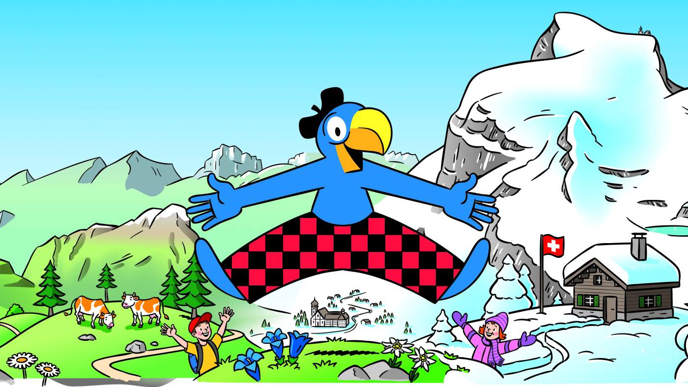 Globi, ein blauer Vogel, macht einen Freudensprung in der Bergwelt
