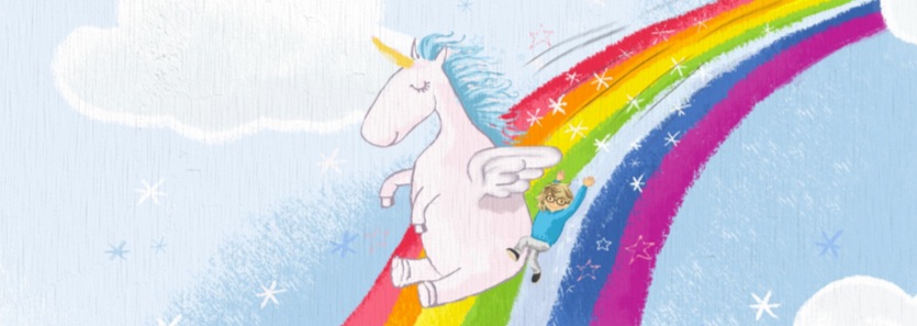 Ein Einhorn und ein Junge auf einem Regenbogen