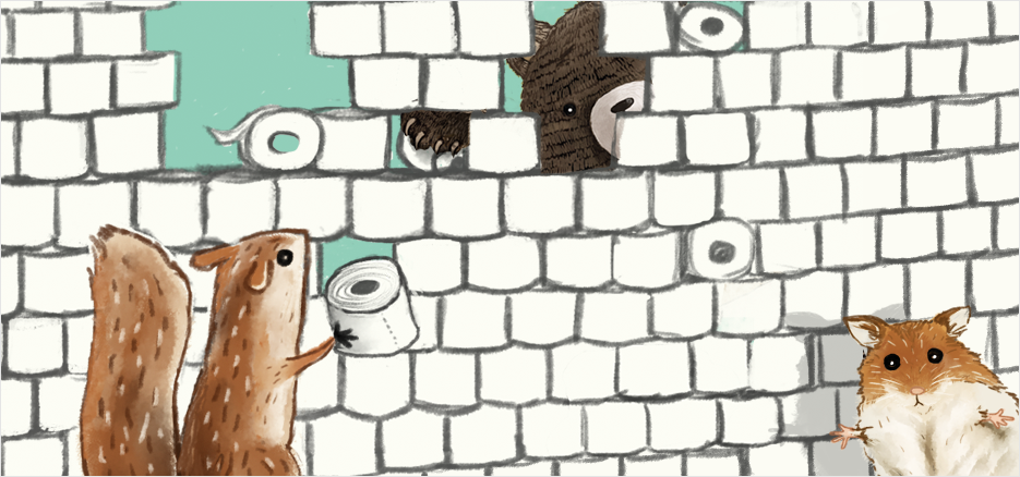 Eichhörnchen, Bär und Maus bauen eine Mauer aus Klopapierrollen