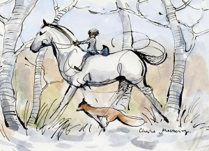 Der Junge und der Maulwurf reiten durch den Wald und der Fuchs rennt mit