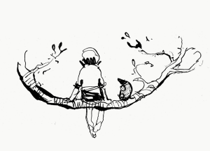 Der Junge und der Maulwurf sitzen auf einem Ast