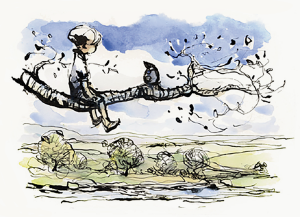 Der Junge sitzt auf einem Ast und überblickt das Tal