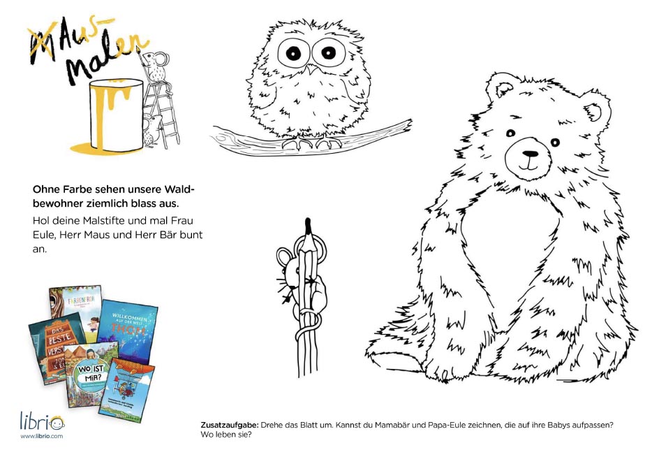 Activity Sheets für Kinder: Eule, Bär und Maus ausmalen