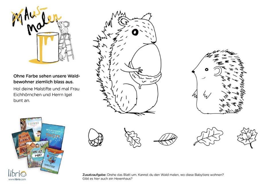 Activity Sheets für Kinder: Eichhörnchen, Igel und Blätter ausmalen