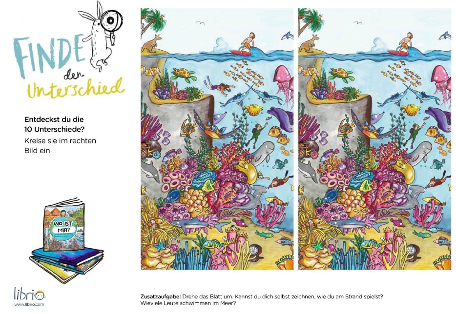 Activity Sheets für Kinder: Unterschiede auf zwei Bildern zur Unterwasserwelt finden