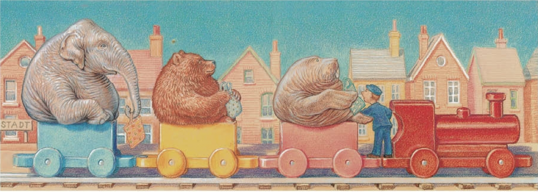 Elefant, Bär und Walross in einem Spielzeugzug
