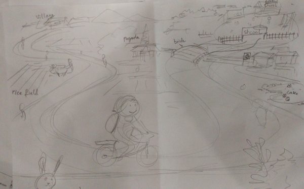 Workshop Bilderbücher Skizze von Kind auf Fahrrad