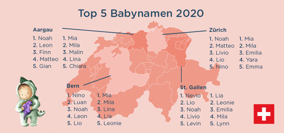 Top Babynamen, mit Schweizer Karte