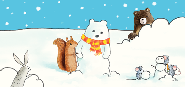 Mäuse, Hase, Eichhörnchen und Bär spielen im Schnee