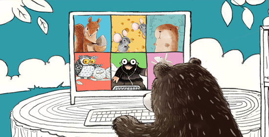 Herr Bär im Videocall mit den anderen Waldtieren