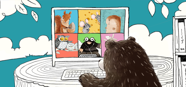 Herr Bär im Videocall mit den anderen Waldtieren