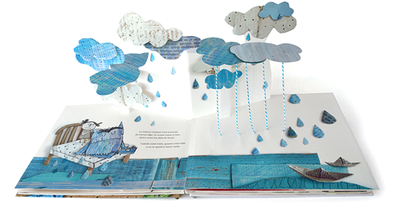 Bilderbuch Farbenmonster: Seite zum Thema Traurigkeit, mit Wolken und Regen