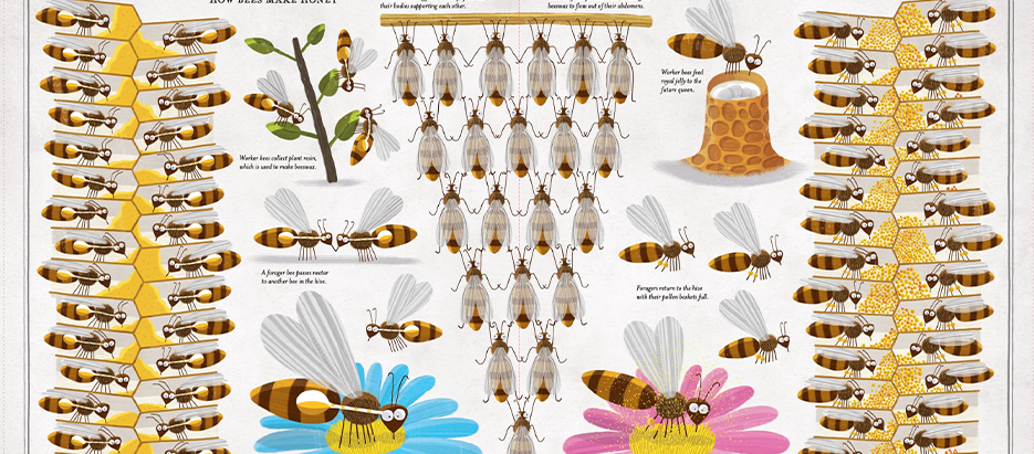 Imagen del interior del libro con muchas abejas