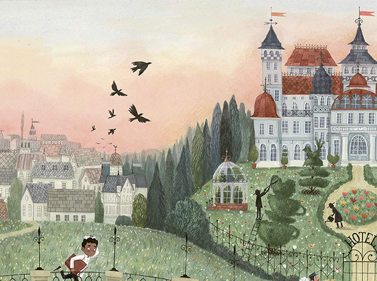 Dibujo de El increíble hotel con la ciudad al fondo