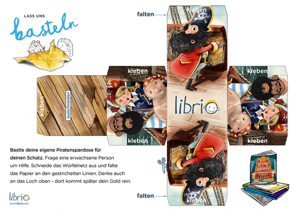 Papier Bastelideen: Würfelnetz , auf dem mehrere Piraten abgebildet sind