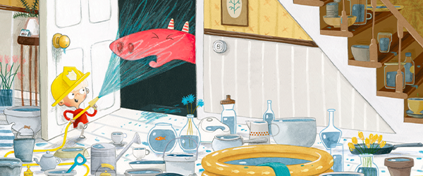 Drachenpost von Emma Yarlett: Der Junge spritzt den Drachen mit Wasser ab