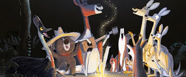 Animals all sitting around the campfire in the Koala who could