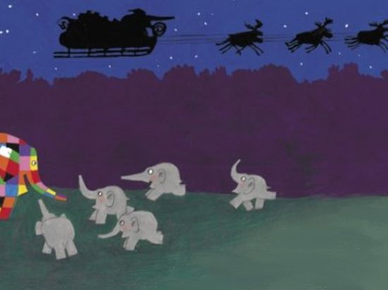 Frohe Weihachten Elmar: Die Elefanten und der Weihnachtsmann auf dem Schlitten