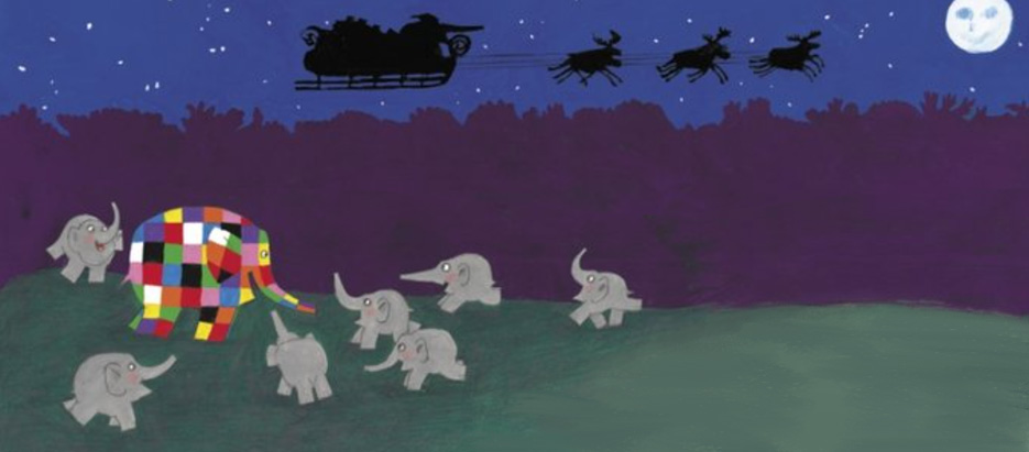 Frohe Weihachten Elmar: Die Elefanten und der Weihnachtsmann auf dem Schlitten