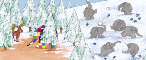 Ausschnitt von Frohe Weihnachten Elmar, die Elefanten spielen im Schnee