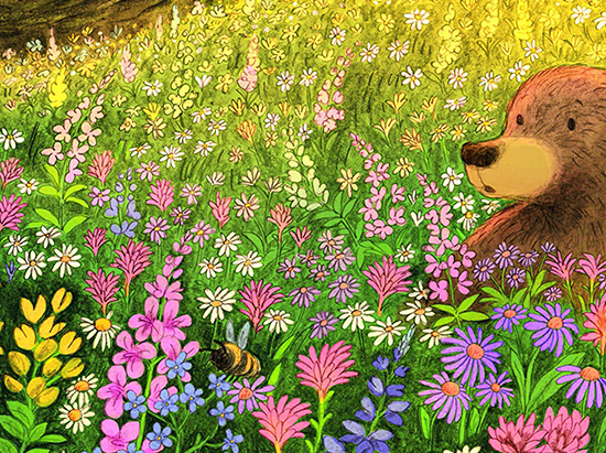Imagen del libro Little Bear's Spring. El oso está hundido en las flores