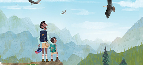 Ein Tag mit Papa - Vater und Kind in den Bergen und ein Vogel in der Luft