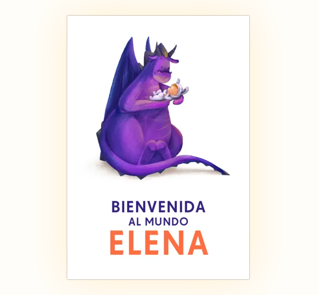 Tarjeta Bienvenido al mundo - dragón con bebé
