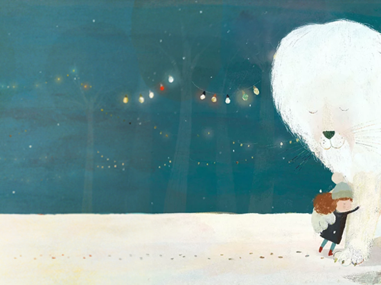 Mein Freund, der Schneelöwe - Das Mädchen umarmt ihren Freund