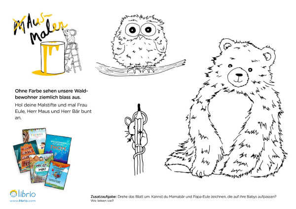 Ausmalbilder Tiere: Eule und Bär zum Ausmalen