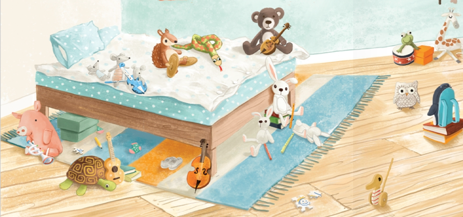 Dormitorio de niños lleno de muñecos e instrumentos