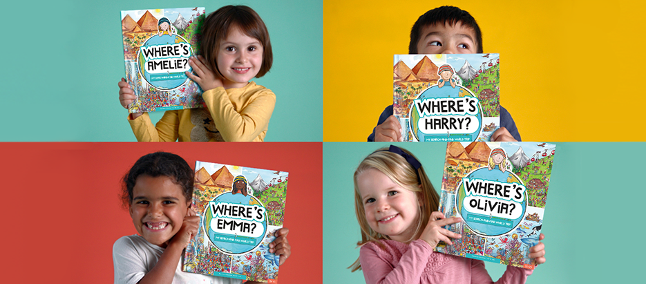 Selection of kids holding the Search-and Find World book