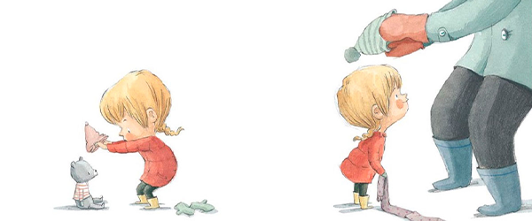 Little girl having her big bear help her with her hat