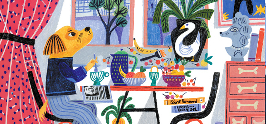 Van Dog sitzt am Frühstückstisch