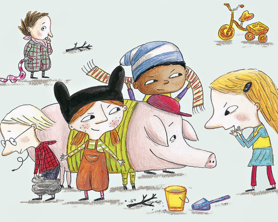 Schwein im Kindergarten mit viele Kinder