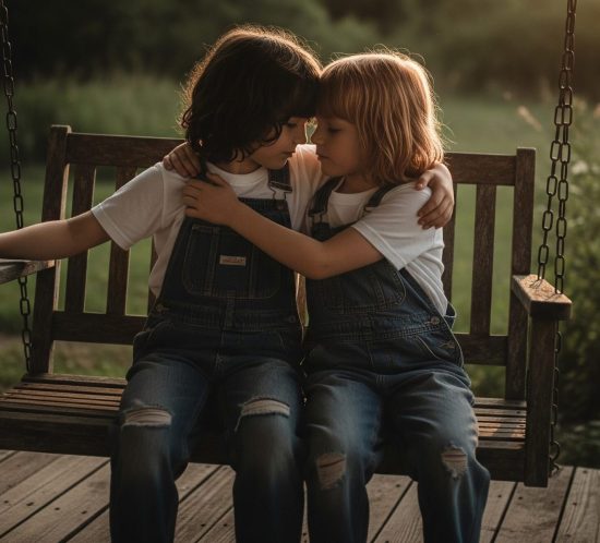 Two twins wearing matching overalls and white shirts sitting close together on a wooden porch swing, hugging each other in a warm outdoor setting.