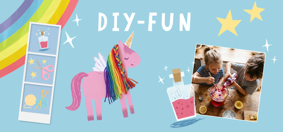 Ein Activity Sheet mit Einhorn-, Regenbogen- und Zaubertrank-DIY-Ideen