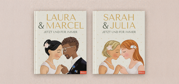 Zwei personalisierte Hochzeitsbücher als Hochzeitsgeschenk nebeneinander: Buchtitel "Jetzt und für immer" mit illustriertem Cover eines Brautpaars