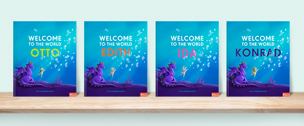 Four personalized 'Welcome to the World' children's books by Librio on a wooden shelf, featuring the names Otto, Edith, Ida, and Konrad