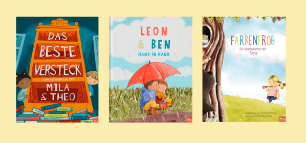 Drei personalisierte Kinderbücher von Librio: 'Das beste Versteck' mit Mila und Theo, 'Leon & Ben – Hand in Hand' und 'Farbenfroh – Ein Waldmärchen' mit Elena