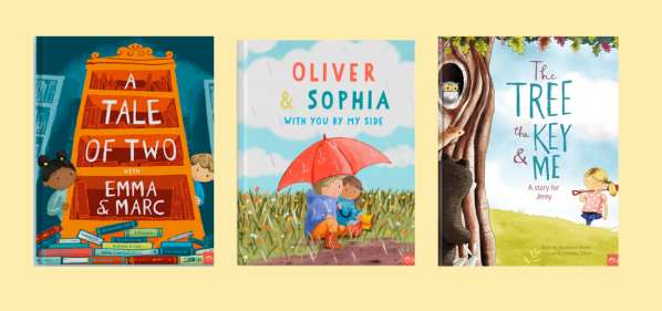 Three personalized Librio children's books: 'A Tale of Two' with Emma & Marc, 'Oliver & Sophia – With You by My Side,' and 'The Tree, the Key & Me – A Story for Jenny'