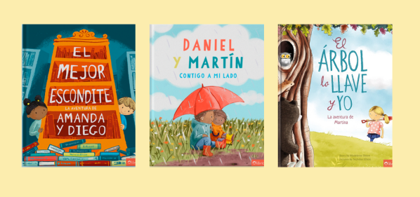Tres libros infantiles personalizados de Librio: 'El mejor escondite' con Amanda y Diego, 'Daniel y Martín – Contigo a mi lado' y 'El árbol, la llave y yo' con Martina