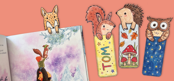 Ausgemalte Tier-Lesezeichen mit Eichhörnchen, Igel und Eule, eines mit dem Namen „Tom“; ein Fuchs-Lesezeichen steckt in einem aufgeschlagenen Bilderbuch.