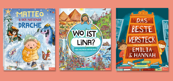 Drei personalisierte Kinderbücher von Librio: „Matteo & der niesende Drache“, „Wo ist Lina? Mein Weltreise-Wimmelbuch“ und „Das beste Versteck“ mit Emilia & Hannah.