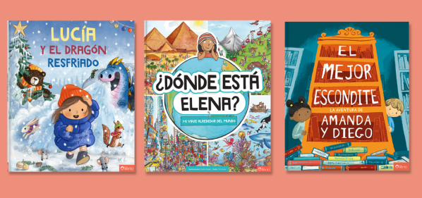Tres libros infantiles personalizados de Librio: «Lucía y el dragón resfriado», «¿Dónde está Elena? Mi viaje alrededor del mundo» y «El mejor escondite» con Amanda y Diego.