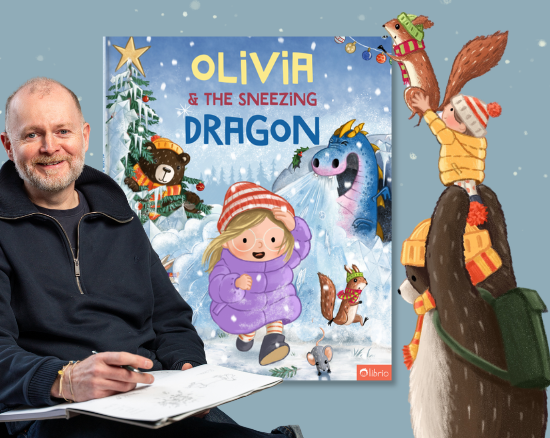 Illustrator with a sketchbook next to the cover of “Noah & der niesende Drache”, beside a bear with a child and a squirrel on its shoulders against a snowy background.