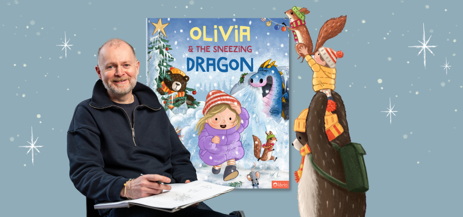 Illustrator with a sketchbook next to the cover of “Noah & der niesende Drache”, beside a bear with a child and a squirrel on its shoulders against a snowy background.