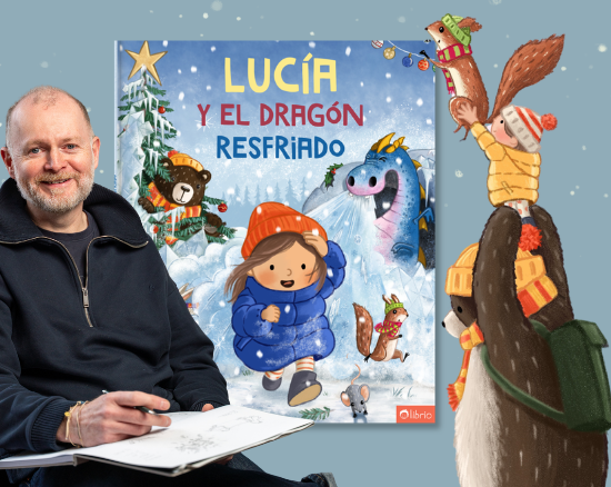 Ilustrador con un cuaderno de bocetos junto a la portada de «Noah & der niesende Drache», al lado de un oso con un niño y una ardilla sobre los hombros, sobre un fondo nevado.