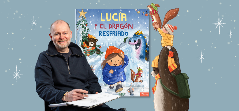 Ilustrador con un cuaderno de bocetos junto a la portada de «Noah & der niesende Drache», al lado de un oso con un niño y una ardilla sobre los hombros, sobre un fondo nevado.