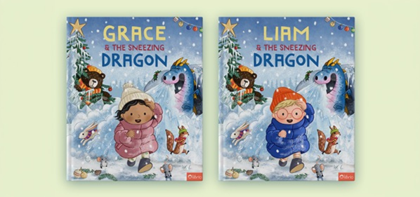 Cover of the personalized children’s book The Sneezing Dragon, with a little boy in a woolly hat and a puffy jacket running through the snow, while a blue dragon sneezes icy breath and a bear, a rabbit, a squirrel and two mice watch around a snowy Christmas tree.